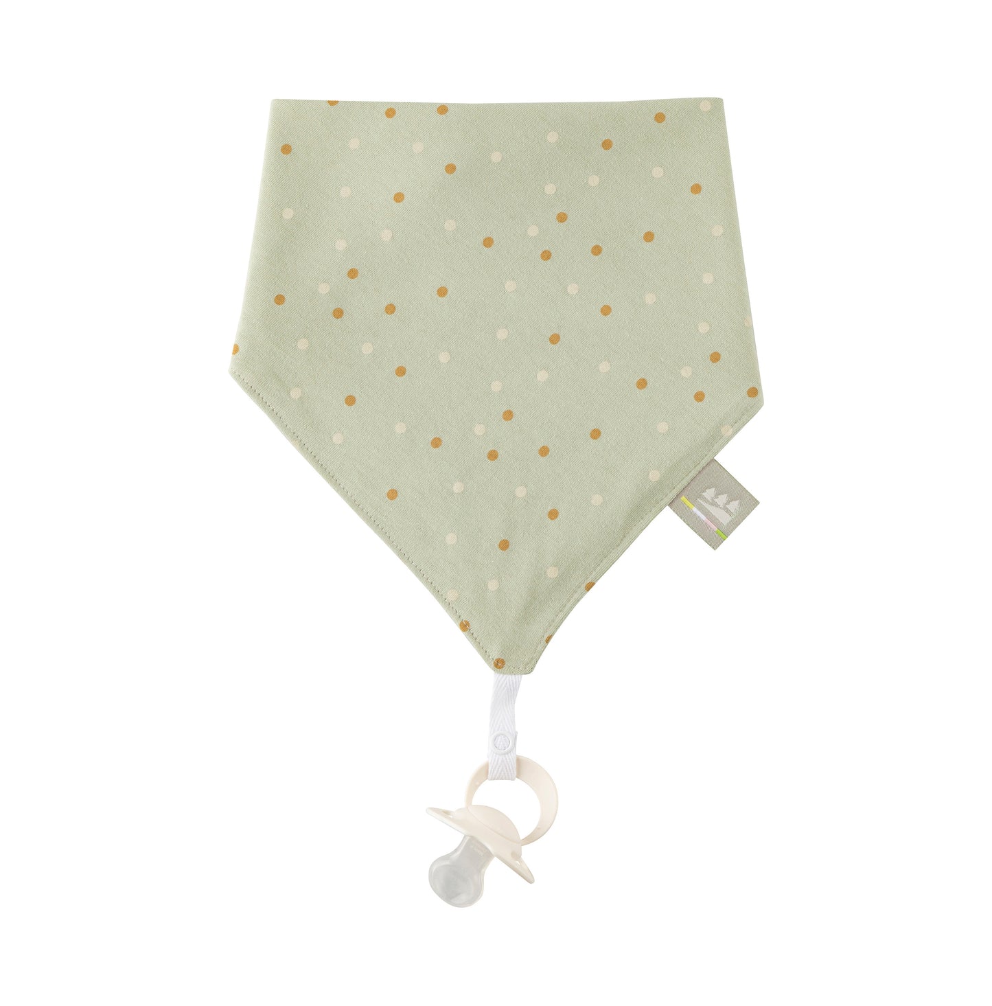 Weiches grün gepunktetes Baby-Dreieckstuch aus Baumwolle mit integriertem Schnullerband für Neugeborene und Kleinkinder.