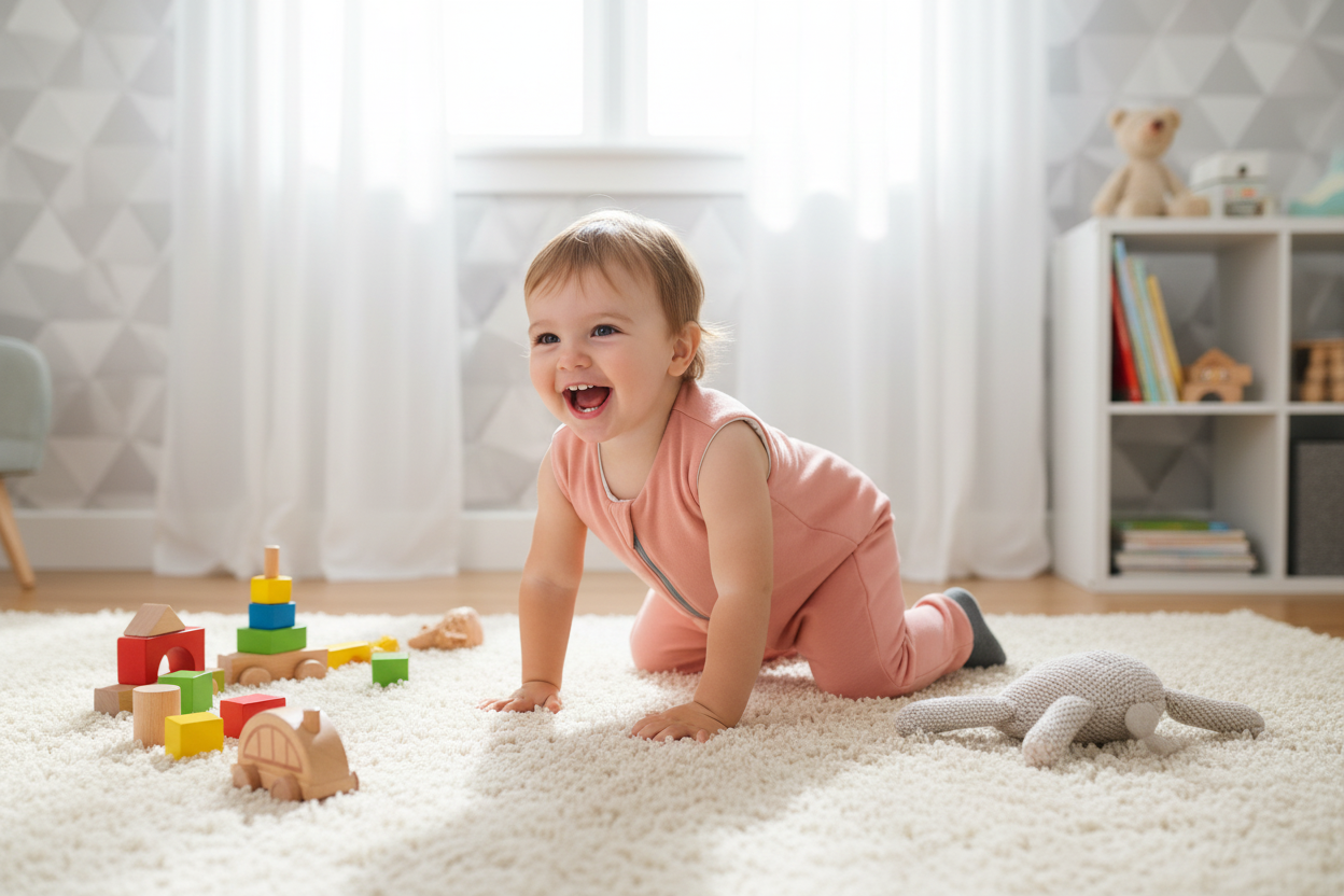 Jersey-Overall Hopsi beim krabbeln im Kinderzimmer