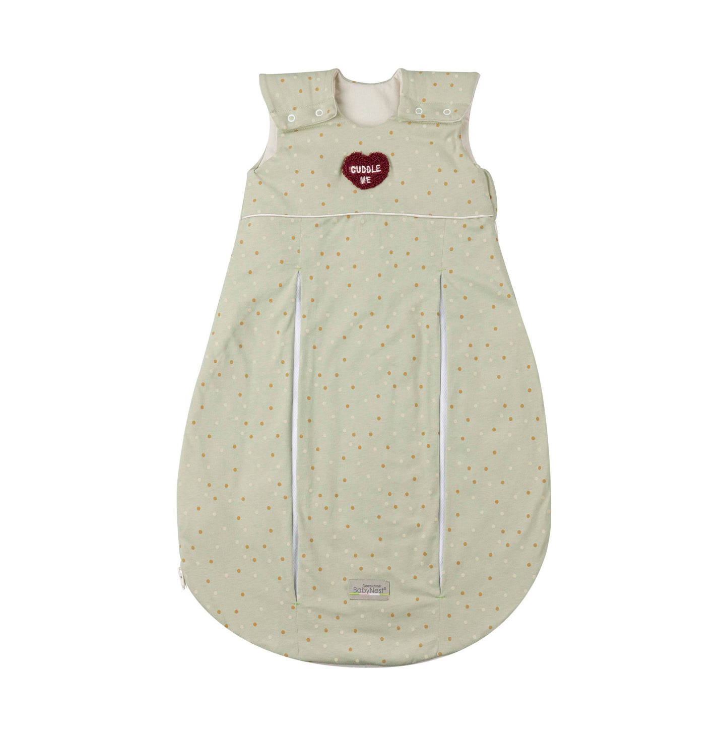 Weicher mintgrüner Babyschlafsack mit Punktmuster und "Cuddle Me" Herzstickerei – atmungsaktiver Schlafsack für Neugeborene und Babys. Prima Klima Schlafsack mit Rundumreißverschluss für schnelles wickeln in der Nacht und Klimazonen Falten im vorderen Bereich für  die Temperaturregulierung.