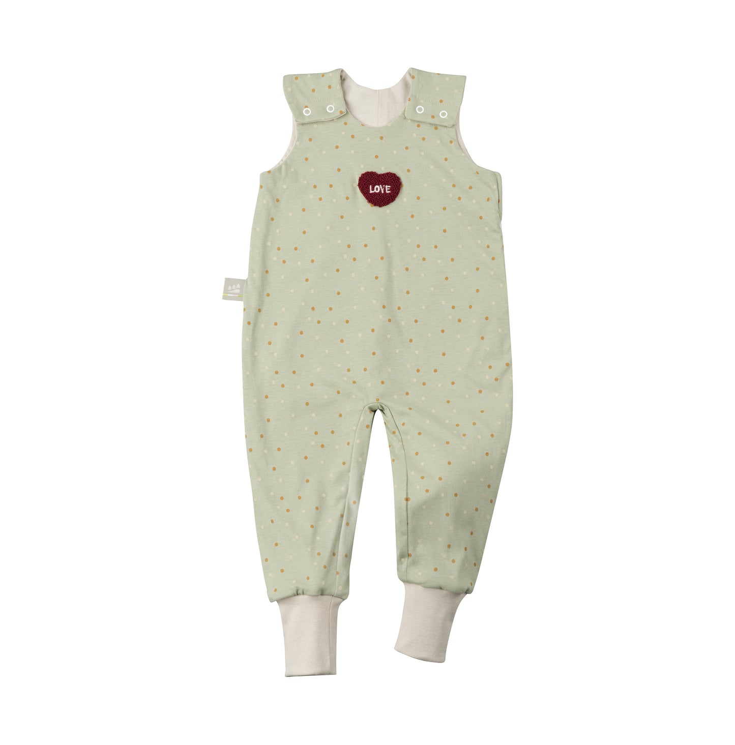 Odenwälder Sommer Jersey-Hopsi Babyschlafsack mit Punkten und Herzstickerei 'Love', aus weichem, atmungsaktivem Jersey-Stoff, leicht für warme Sommernächte, hautfreundlich, pflegeleicht und in hochwertiger Qualität, ideal für Neugeborene und Kleinkinder.