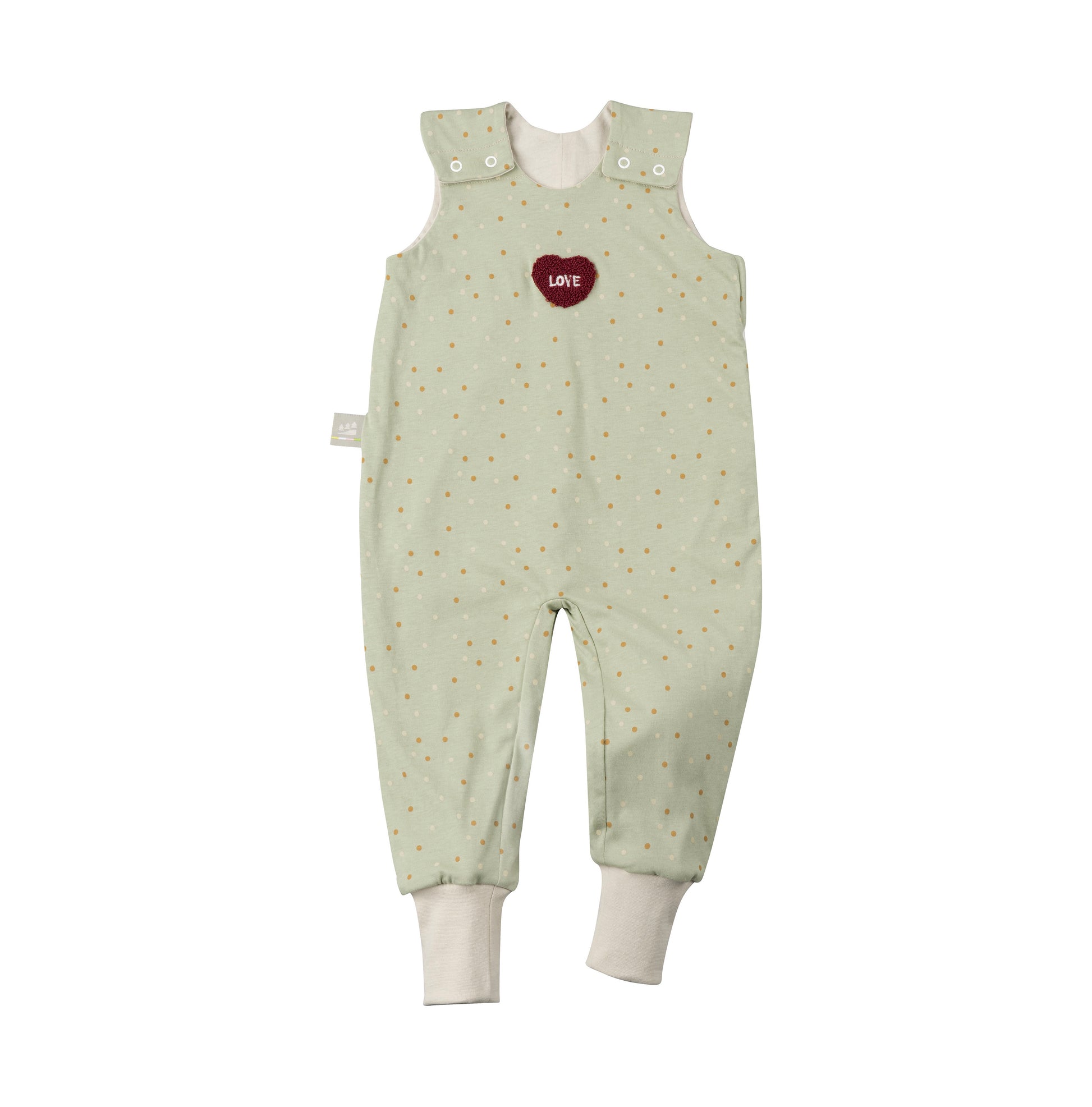 Odenwälder Sommer Jersey-Hopsi Babyschlafsack mit Punkten und Herzstickerei 'Love', aus weichem, atmungsaktivem Jersey-Stoff, leicht für warme Sommernächte, hautfreundlich, pflegeleicht und in hochwertiger Qualität, ideal für Neugeborene und Kleinkinder.