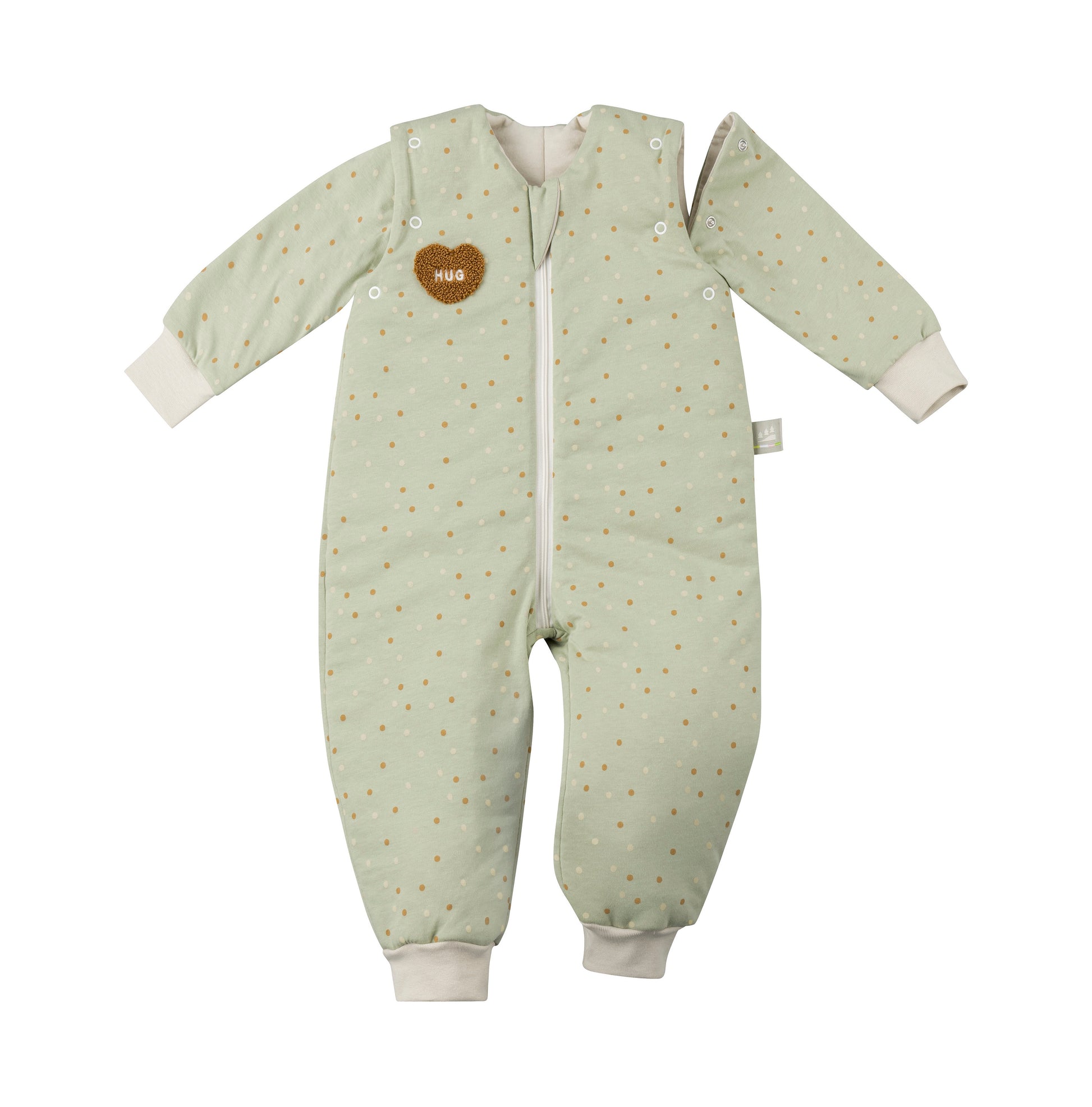 Mintgrün gepunkteter Baby-Schlafsack mit Füßen und abnehmbaren Ärmeln, weicher Jersey-Schlafsack mit Herzstickerei "Hug" für Neugeborene und Kleinkinder.