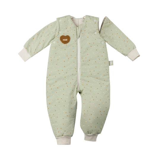Mintgrün gepunkteter Baby-Schlafsack mit Füßen und abnehmbaren Ärmeln, weicher Jersey-Schlafsack mit Herzstickerei "Hug" für Neugeborene und Kleinkinder.
