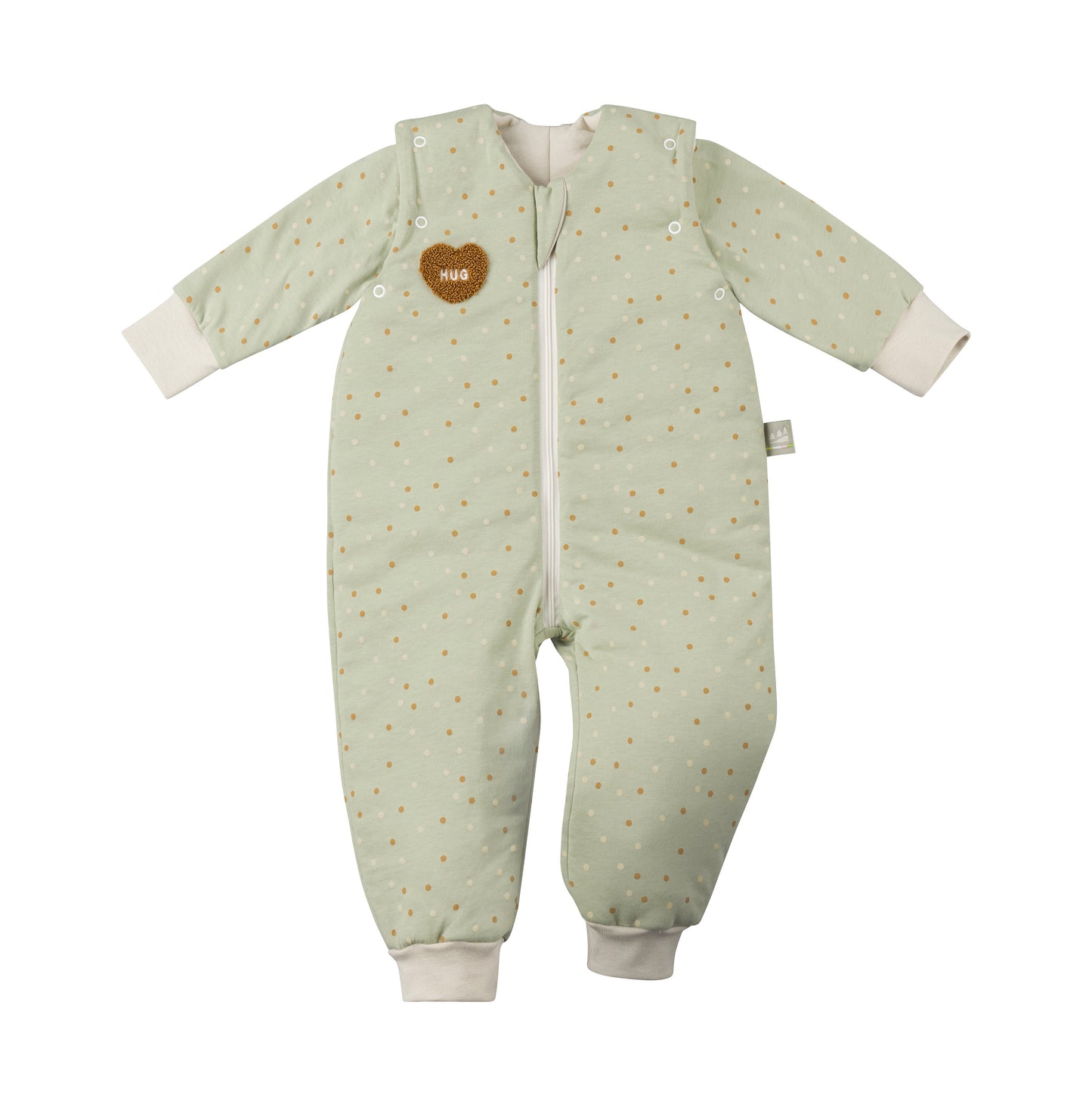 Mintgrün gepunkteter Baby-Schlafsack mit Füßen und abnehmbaren Ärmeln, weicher Jersey-Schlafsack mit Herzstickerei "Hug" für Neugeborene und Kleinkinder.