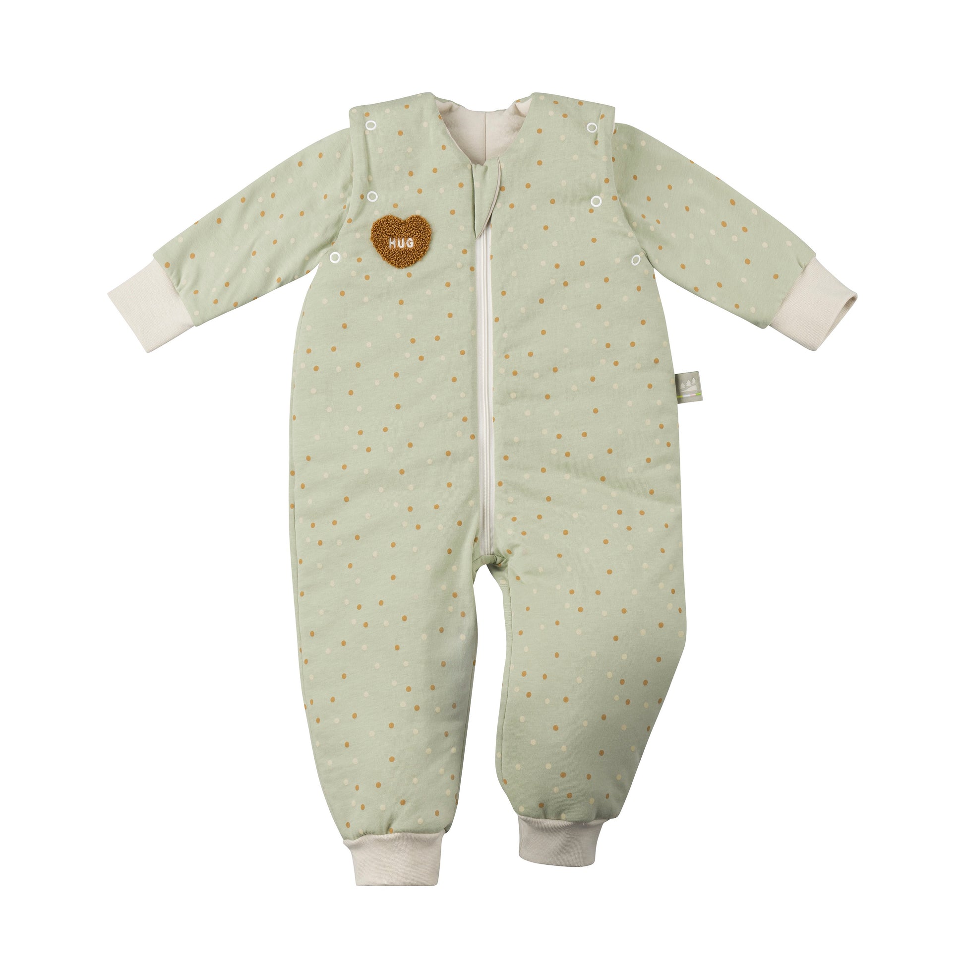 Mintgrün gepunkteter Baby-Schlafsack mit Füßen und abnehmbaren Ärmeln, weicher Jersey-Schlafsack mit Herzstickerei "Hug" für Neugeborene und Kleinkinder.