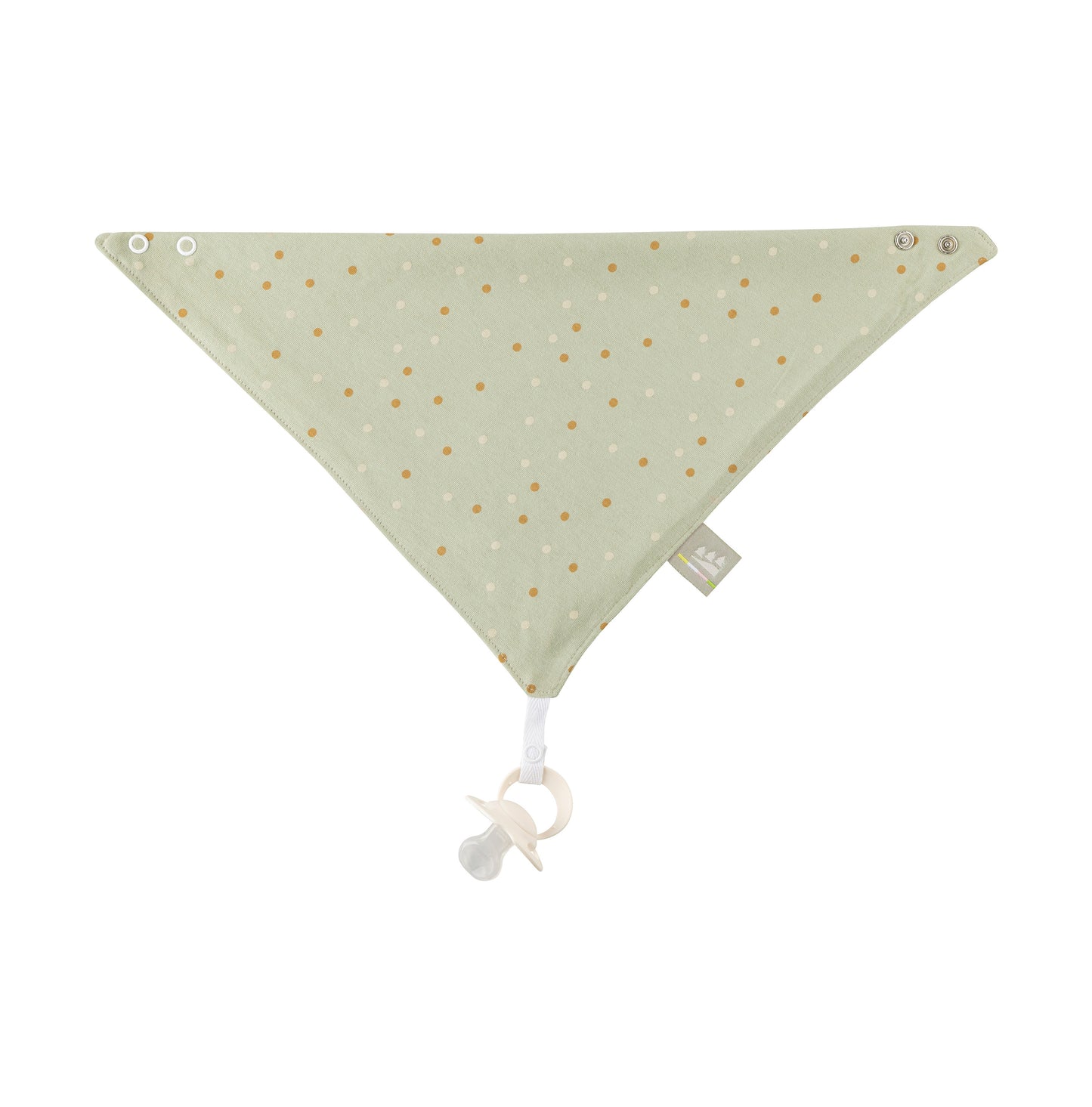 Mintfarbenes, gepunktetes Baby-Halstuch aus Baumwolle mit integriertem Schnullerhalter – ideal für Neugeborene und Kleinkinder.