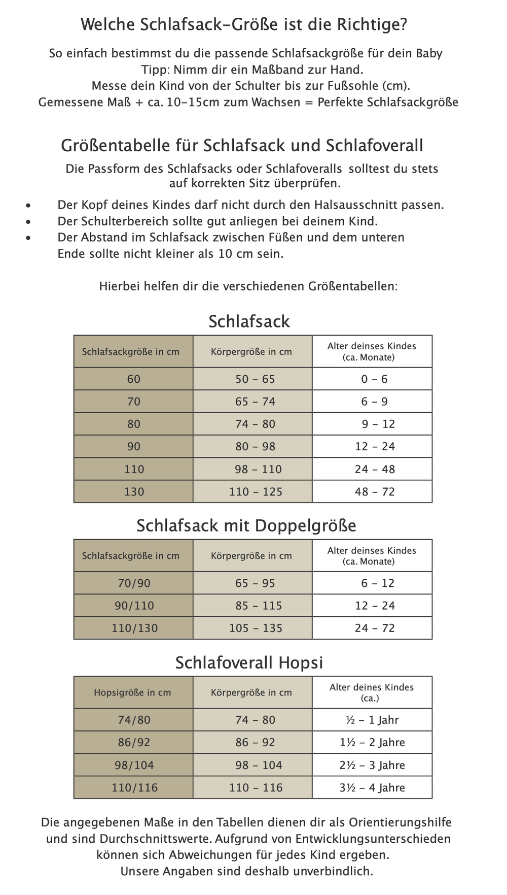 Größentabelle für Schlafsäcke