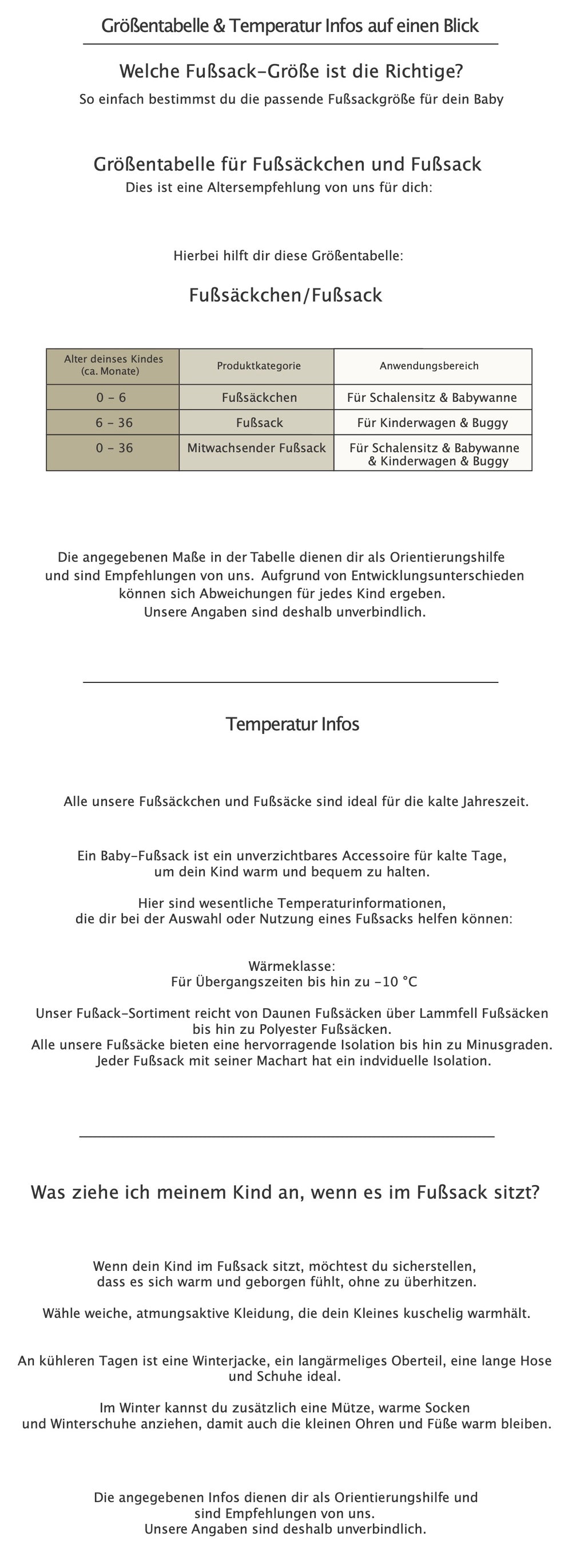 Größentabelle Fußsack + Temperatur Infos + Kleidung Tipps