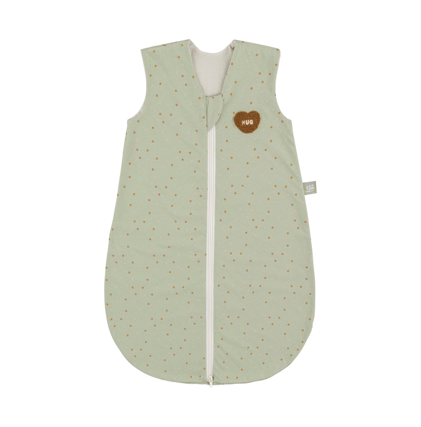 Freigestellter Ganzjahres-Jersey-Schlafsack für Babys in Mint mit feinem Punktmuster und Herz-Patch „HUG“, ärmellos mit durchgehendem Reißverschluss.