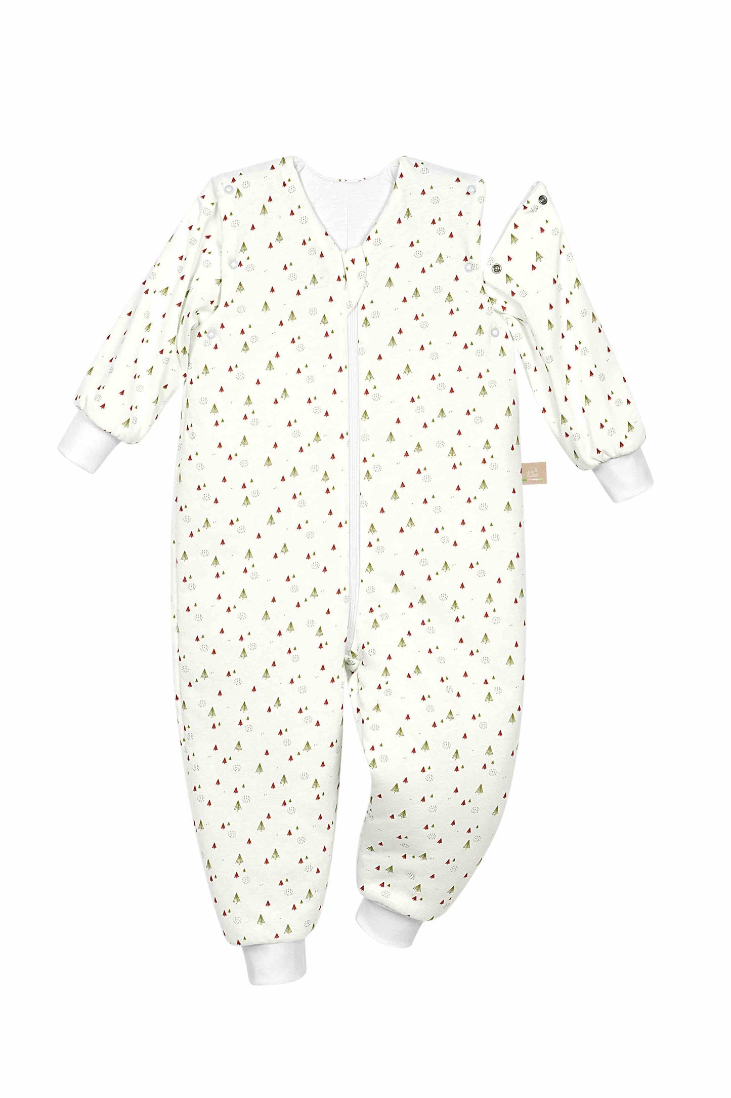 Detailaufnahme des Hopsi wattierten Babyschlafsacks in der Designvariante Littletrees Nature, mit Wattierung und Armweg-Öffnung, Frontansicht und Reißverschluss sichtbar.