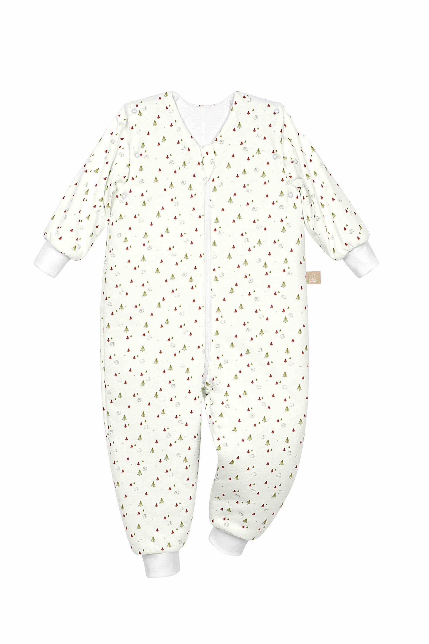 Frontansicht des Hopsi wattierten Babyschlafsacks in der Designvariante Littletrees Nature, mit Wattierung und durchgehendem Reißverschluss.
