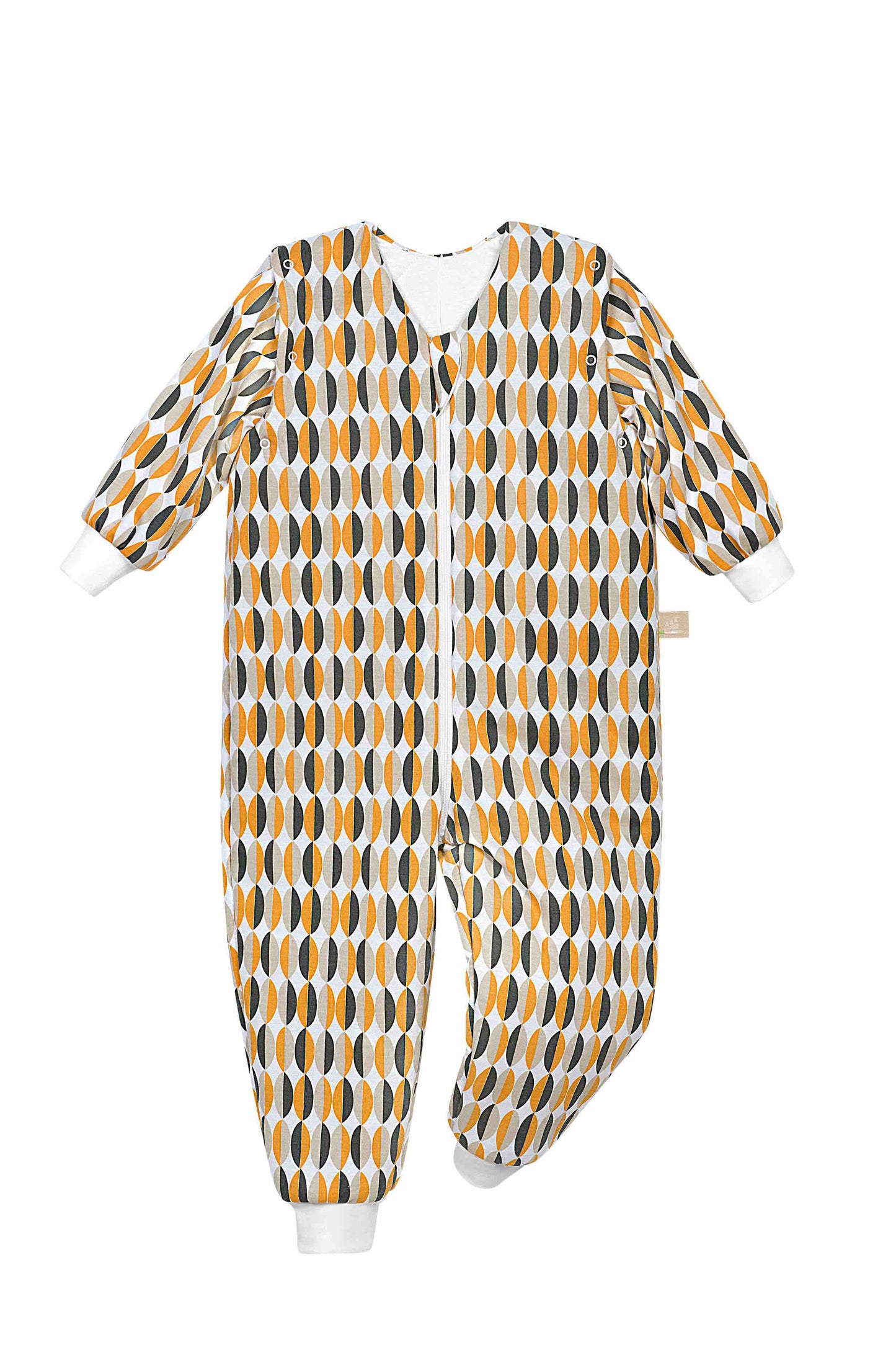 Frontansicht des Hopsi wattierten Babyschlafsacks in der Designvariante Retro Orange, mit Wattierung und durchgehendem Reißverschluss.
