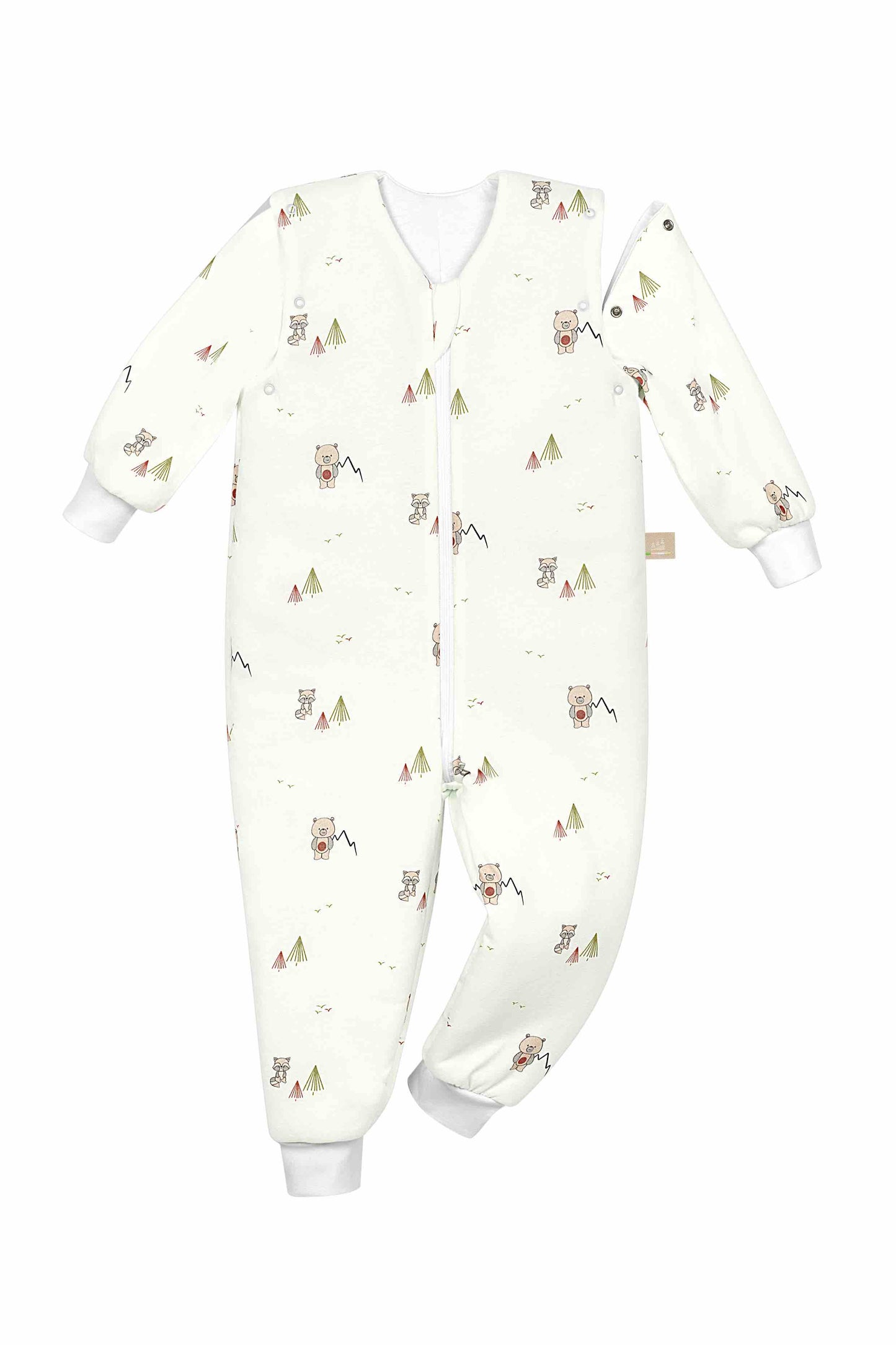 Detailaufnahme des Hopsi wattierten Babyschlafsacks in der Designvariante Twofriends Nature, mit Wattierung und Armweg-Öffnung, Frontansicht und Reißverschluss sichtbar.