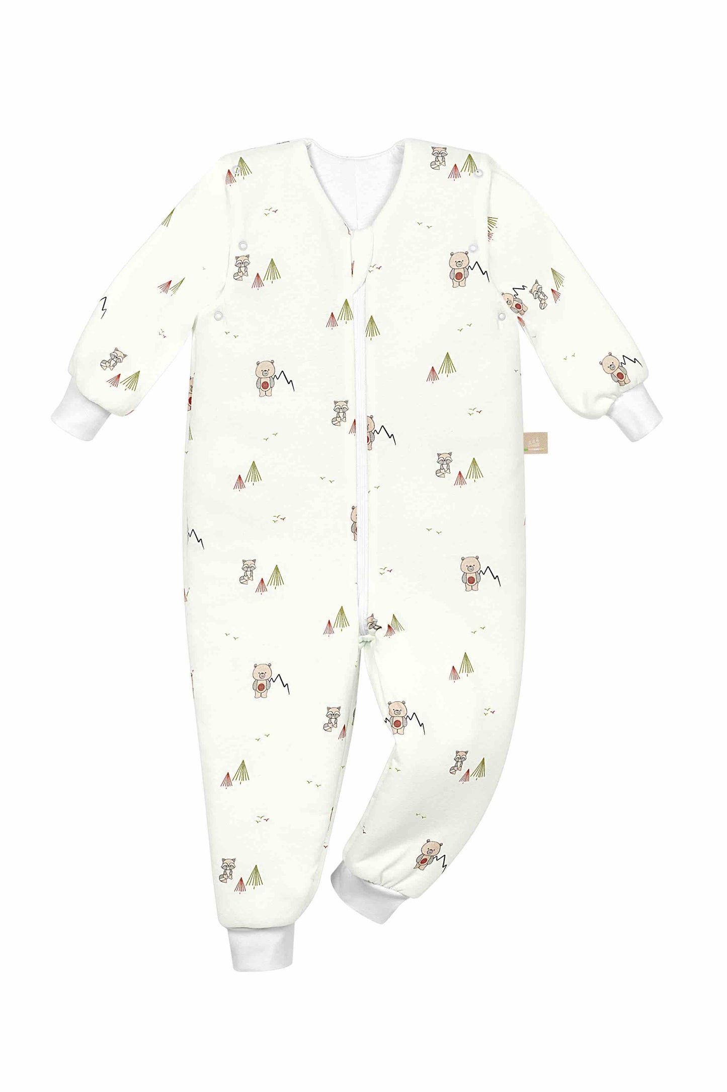 Frontansicht des Hopsi wattierten Babyschlafsacks in der Designvariante Twofriends Nature, mit Wattierung und durchgehendem Reißverschluss.