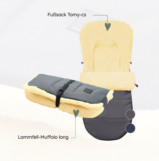 Lammfell Komfort Bundle enthält einen Lammfell Fußsack Tomy-cs und den passenden Lammfell-Muffolo long